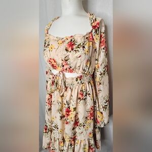 Allison & Kelly‎ Peach Floral Bishop Sleeves Cut-Out Dress Dillard's Size L
